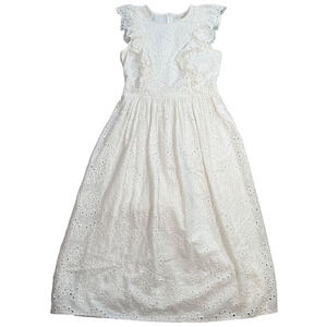 Just Me Eyelet Midi Dress Women's Medium Flutter Sleeve Ruffle Belted White